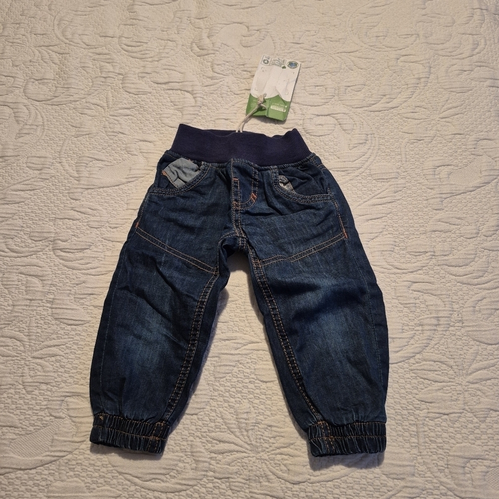 Alanz boys size 74 or 9 months jeans soft waisted blue elastic cuffs NWT
